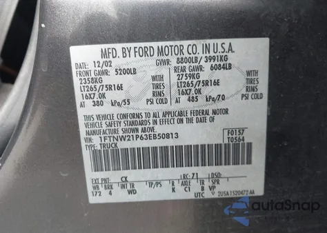 2003 Ford F-250 Lariat/Xl/Xlt из США, поврежденный, VIN 1FTNW21P63EB50813